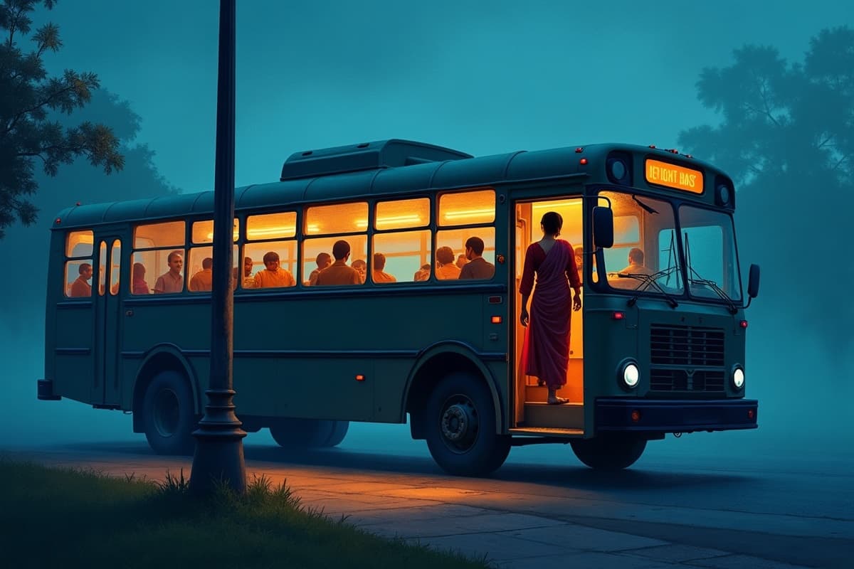 A woman boarding a public bus at first light, warm light through the windows.